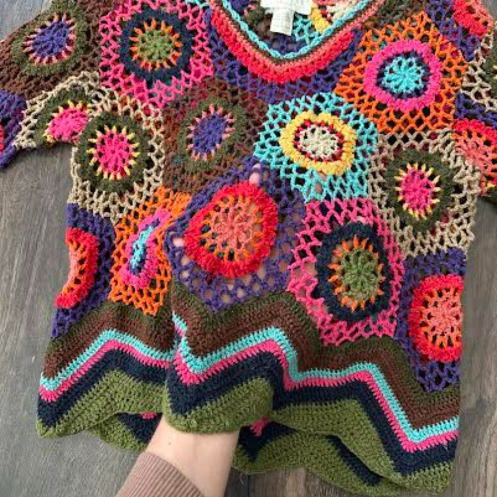 Vintage Express Tricot Open Knit Sweater Bright Floral Patchwork V-Neck Size Lg - Picture 3 of 8